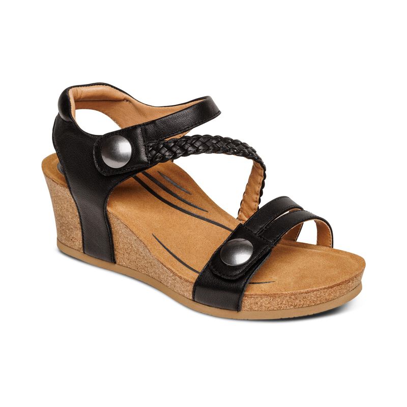 Aetrex Avril Quarter Riemen Sleehak Sandalen Dames Zwart | XNP888VE