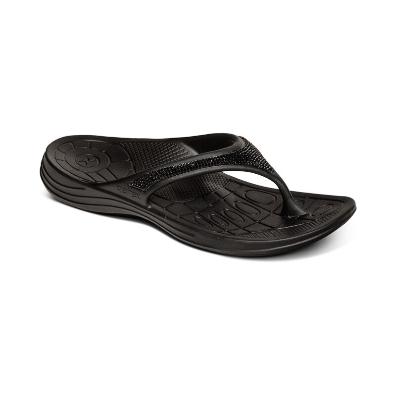 Aetrex Fiji Orthotic Teenslippers Dames Zwart | DXU738ZV