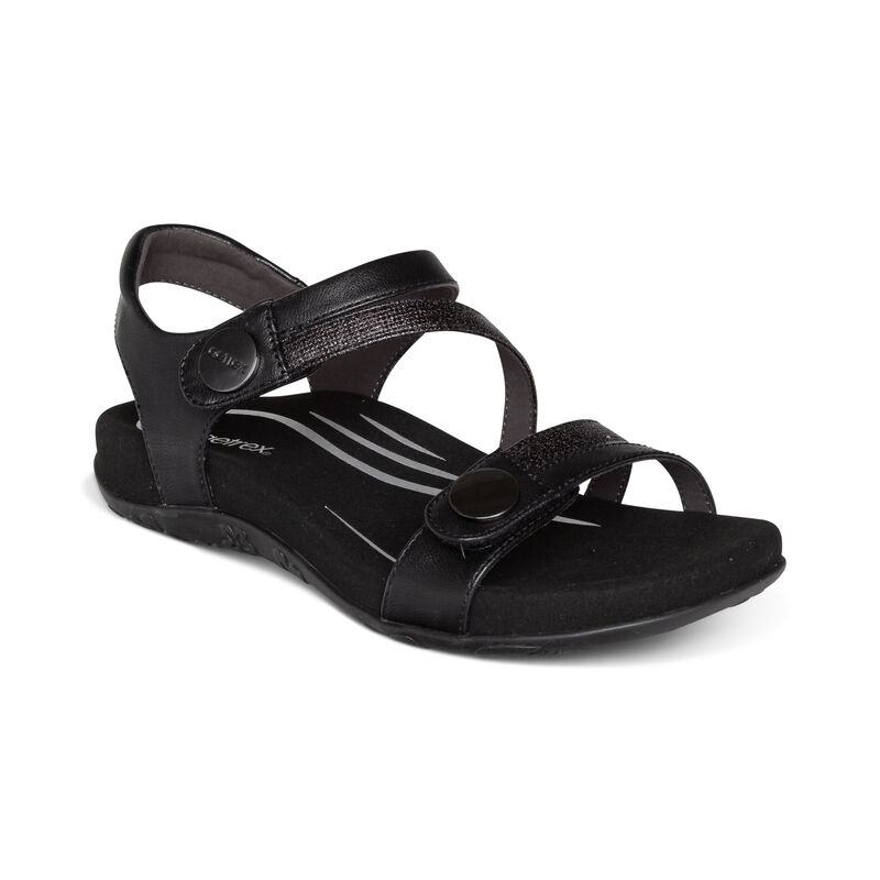 Aetrex Jess Adjustable Quarter Riemen Sandalen Dames Zwart | XZZ7764TM