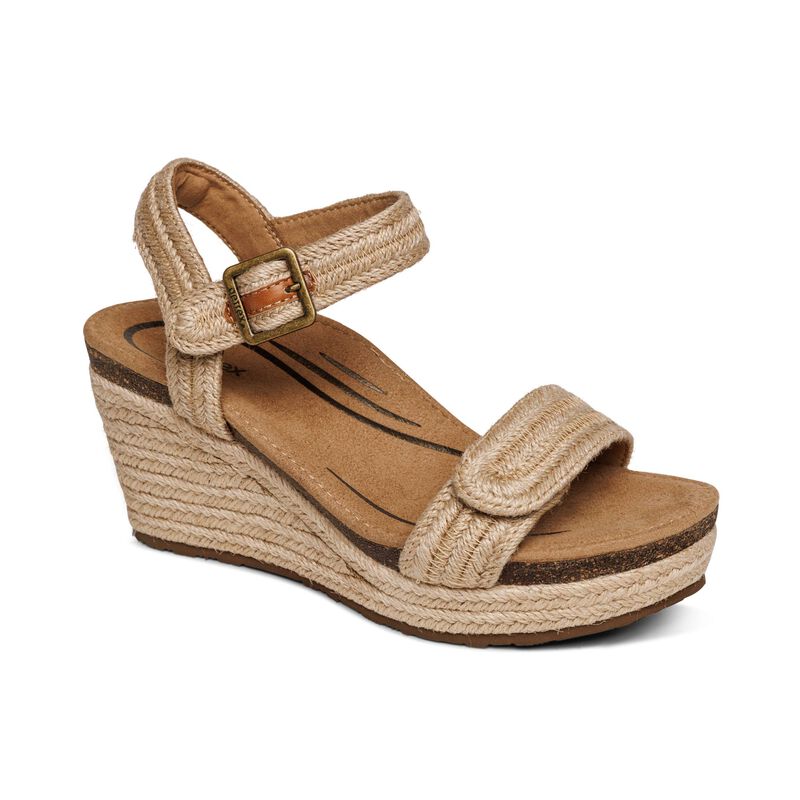 Aetrex Sydney Quarter Riemen Espadrilles Sleehak Sandalen Dames Beige | PPD1036FM