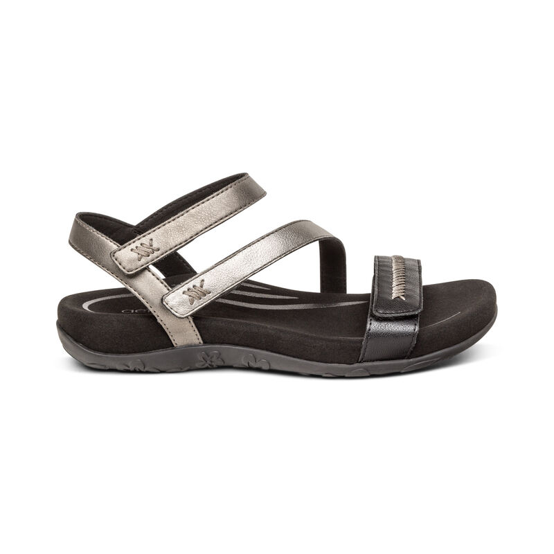 Aetrex Gabby Adjustable Quarter Riemen Sandalen Dames Zwart Zilver | GWF4614MS