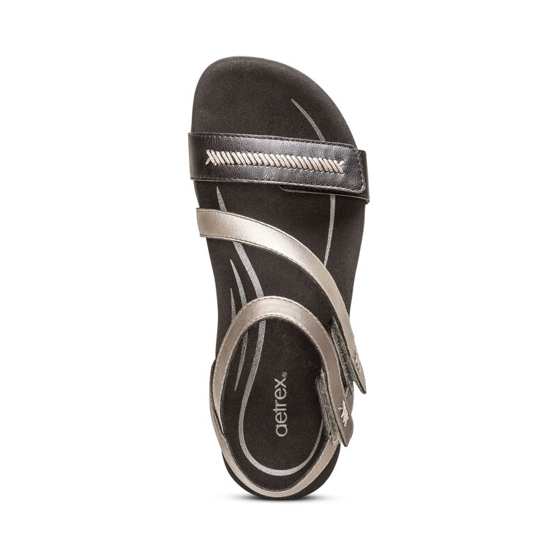 Aetrex Gabby Adjustable Quarter Riemen Sandalen Dames Zwart Zilver | GWF4614MS