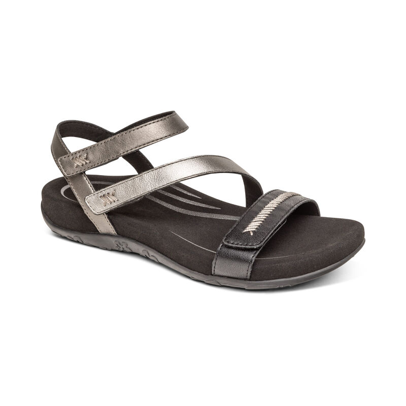 Aetrex Gabby Adjustable Quarter Riemen Sandalen Dames Zwart Zilver | GWF4614MS