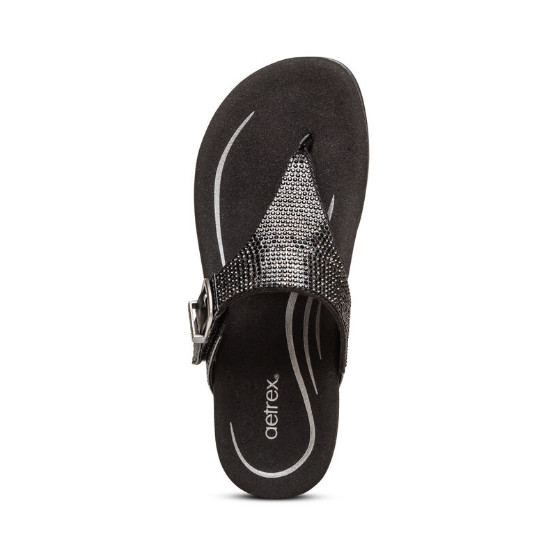 Aetrex Rae Adjustable String Teenslippers Dames Zwart Zilver | MHQ2469LS