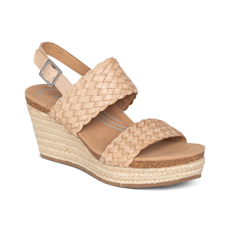 Aetrex Summer Woven Quarter Riemen Sleehak Sandalen Dames Beige | DKR6495ZM